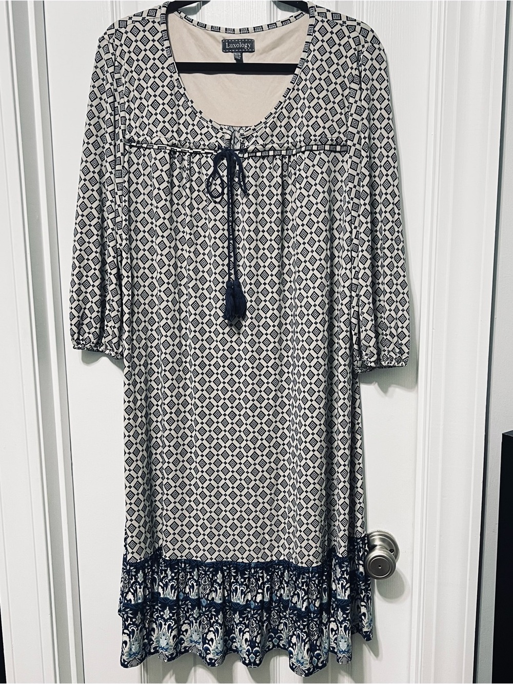 Luxology Navy & Cream Printed Midi Dress with Tassel Tie Sz 18/20